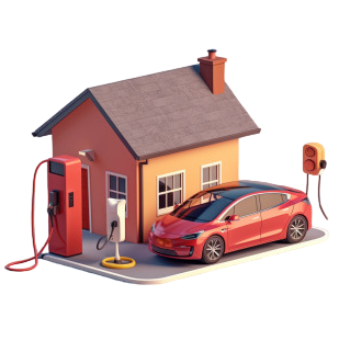 Electric vehicle standing next to house, charging